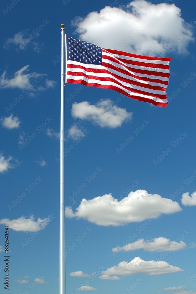 Patriotic american flag fluttering elegantly under the bright sun on a beautiful clear day