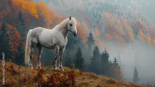 A white horse stands atop a green hillside  perfect for rural or countryside-themed projects