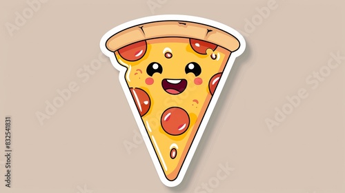 Cute cartoon pizza slice with a happy face and pepperoni, perfect for fun food illustrations, stickers, or kids' art. Beige background.