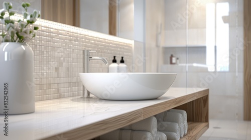 White bathroom counter and tile in a home with wooden detail underneath