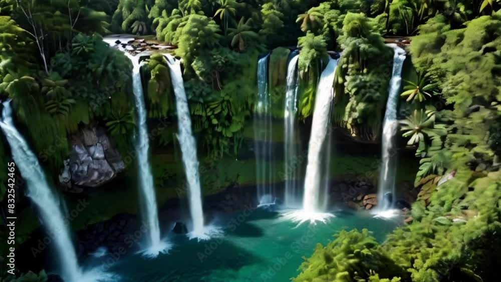 Aerial View of Lush Rainforest Waterfall with Multiple Cascades Aerial View of Lush Rainforest Waterfall with Multiple Cascades