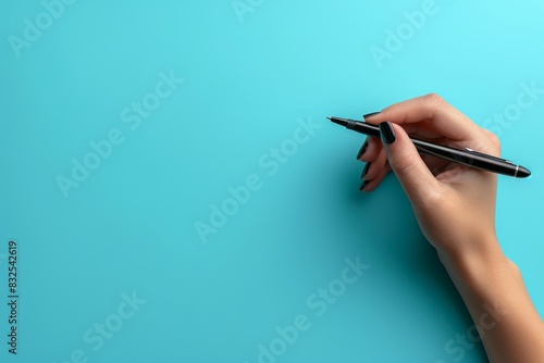 A female hand with white nail polish holds a sleek black pen against a solid blue background, indicative of writing or signing photo