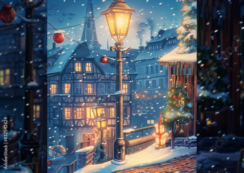 snowy night scene with a street light and a christmas tree