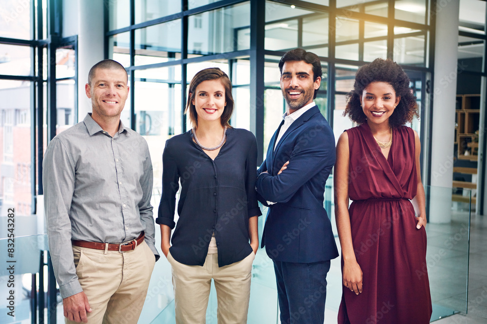 Φωτογραφία Portrait, confidence and group of business people in office with smile, pride and employees at consulting agency