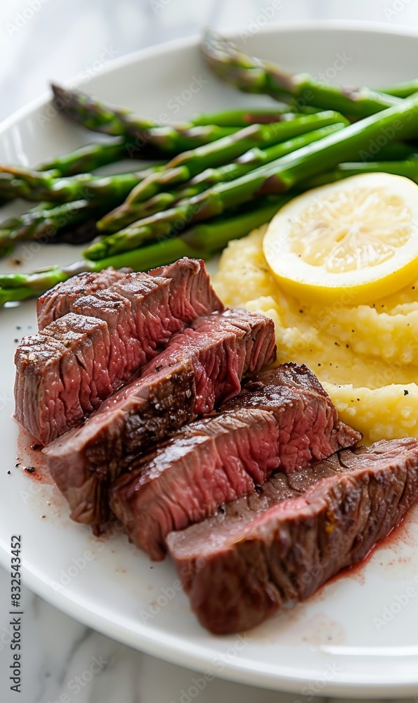 Delicious seared beef steak with garlic butter, creamy polenta, and fresh asparagus on a white plate Delicious seared beef steak with garlic butter, creamy polenta, and fresh asparagus on a white plate