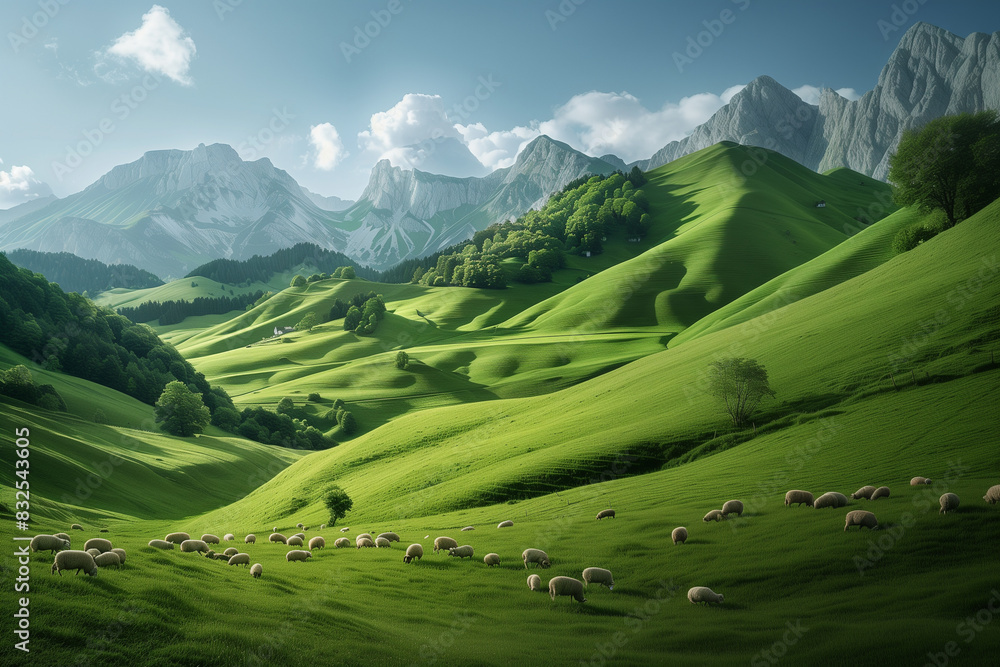 there are many sheep grazing in a green field in the mountains