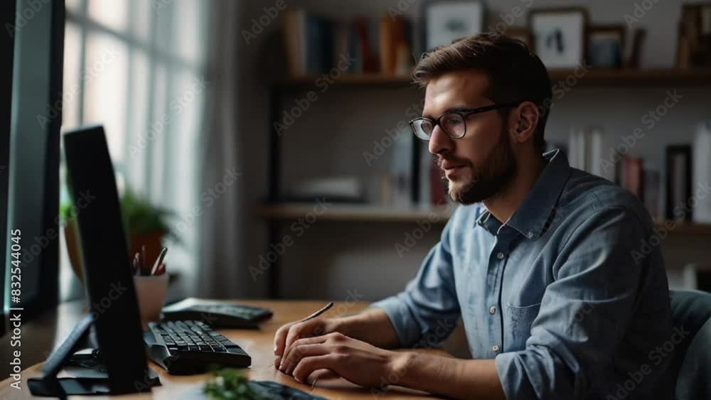 Focused Man Working on Computer at Desk with Pen and Paper Focused Man Working on Computer at Desk with Pen and Paper