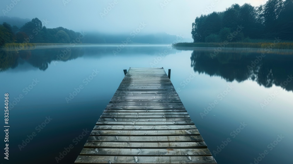 Fototapeta premium Tranquil Lake with a Pier Made of Wood