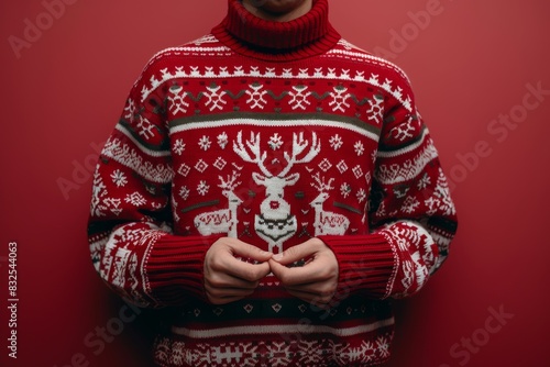 Upper body of a person in a festive Christmas sweater with a reindeer pattern