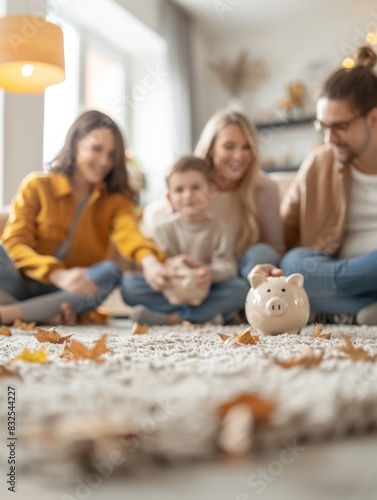 Multigenerational Family Teaching Young Children Financial Savings at Bright Home Living Room