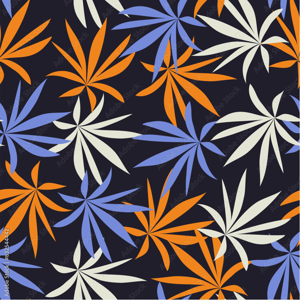 Abstract seamless botanical pattern with bright plants and flowers on a black background. Summer colorful hawaiian seamless pattern with tropical plants. Seamless botanical pattern with plants. Abstract seamless botanical pattern with bright plants and flowers on a black background. Summer colorful hawaiian seamless pattern with tropical plants. Seamless botanical pattern with plants.