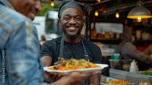 An African-American food truck owner serves a meal to a male customer. A modern concept for a business that offers takeout options Food truck catering