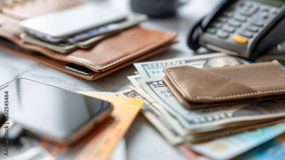 Diverse Methods of Payment in a Detailed Close-Up: Cash, Credit Cards, Mobile Devices and Phone Wallets Display Diverse Methods of Payment in a Detailed Close-Up: Cash, Credit Cards, Mobile Devices and Phone Wallets Display