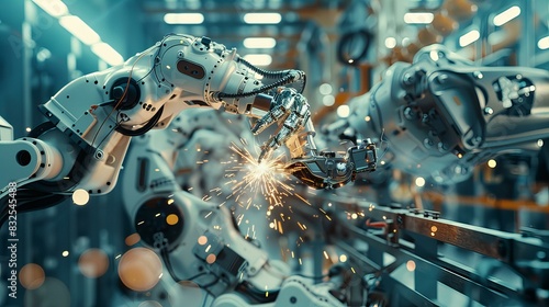 Robotic arm performing welding on a car chassis in a modern automotive factory. The image captures the precision and efficiency of automation technology, 