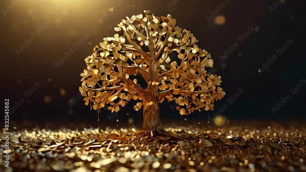 Golden Tree with Glowing Light and Falling Particles
