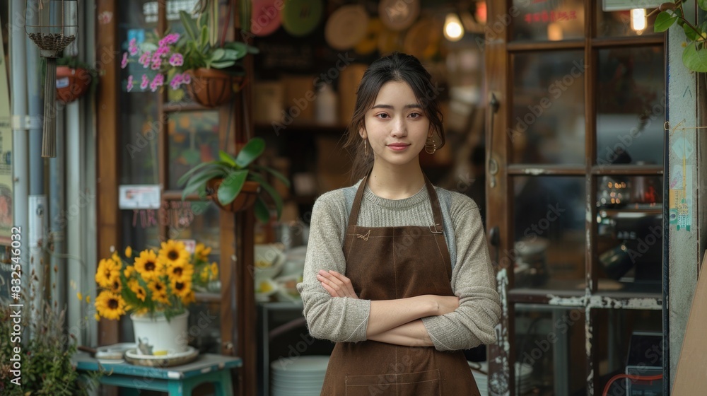 A woman stands at the entrance of her shop, an adult is waiting for customers at a coffee shop, and a successful business owner is wearing an apron A woman stands at the entrance of her shop, an adult is waiting for customers at a coffee shop, and a successful business owner is wearing an apron
