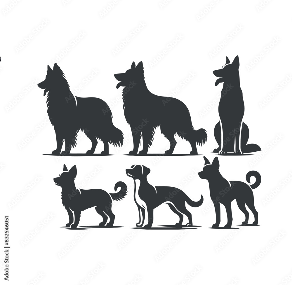 Vector Cute Dog  and Puppy set collection  silhouette design template illustration