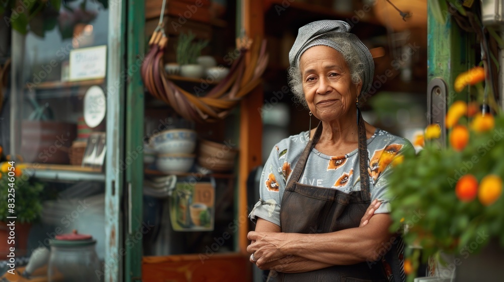 A senior woman stands at the entrance of her shop, an adult is waiting for customers at a coffee shop, and a successful business owner is wearing an apron A senior woman stands at the entrance of her shop, an adult is waiting for customers at a coffee shop, and a successful business owner is wearing an apron