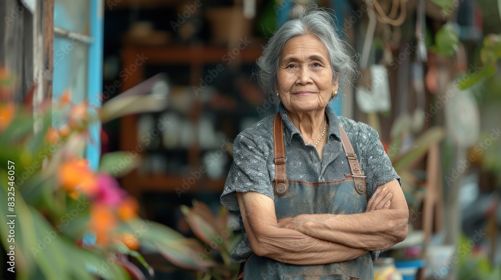 A senior woman stands at the entrance of her shop, an adult is waiting for customers at a coffee shop, and a successful business owner is wearing an apron A senior woman stands at the entrance of her shop, an adult is waiting for customers at a coffee shop, and a successful business owner is wearing an apron