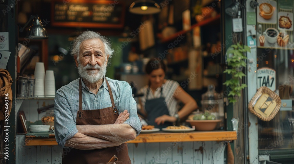 A senior male stands at the entrance of her shop, an adult is waiting for customers at a coffee shop, and a successful business owner is wearing an apron A senior male stands at the entrance of her shop, an adult is waiting for customers at a coffee shop, and a successful business owner is wearing an apron