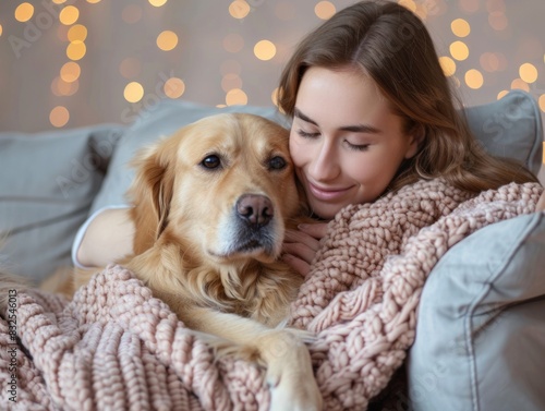 Young Woman Comforting Her Anxious Dog During a Thunderstorm in a Cozy Living Room