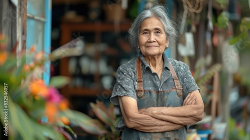 A senior woman stands at the entrance of her shop, an adult is waiting for customers at a coffee shop, and a successful business owner is wearing an apron