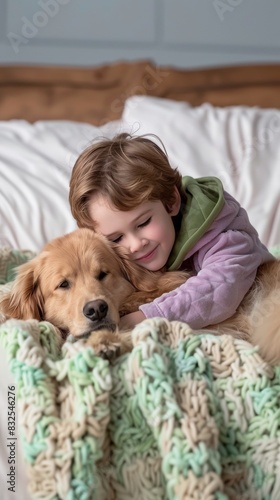 Young Child Comforting Golden Retriever in a Cozy Bedroom Setting During a Thunderstorm: A Scene of Safety and Affection