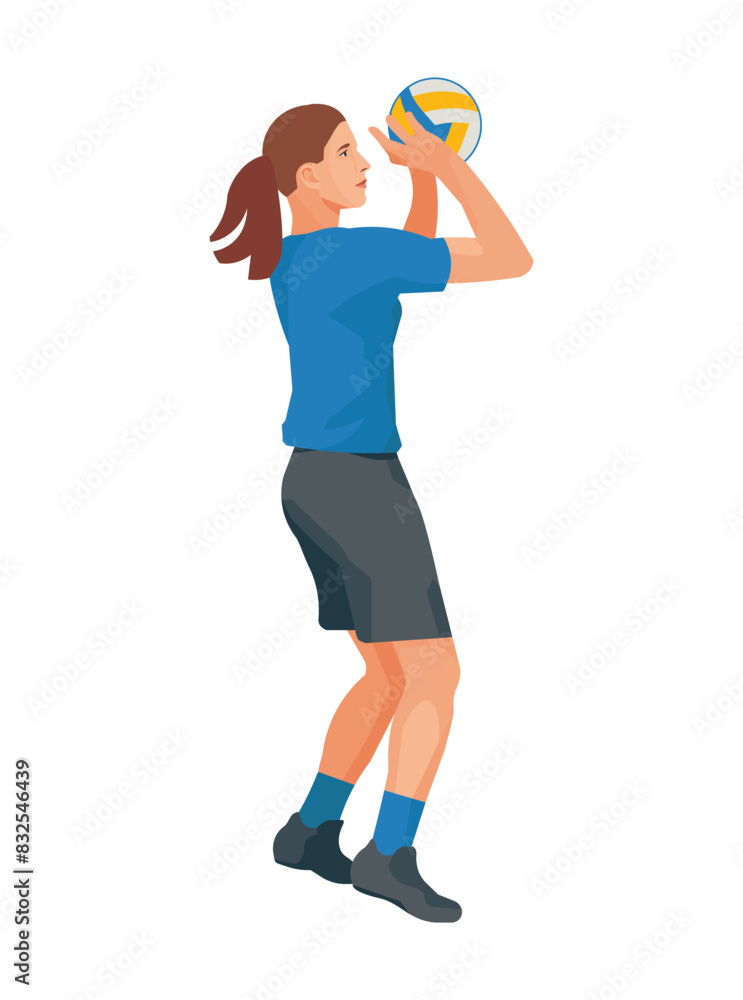 Isolated figure of girl volleyball player in blue t-shirt jumps up to push the ball with two hands