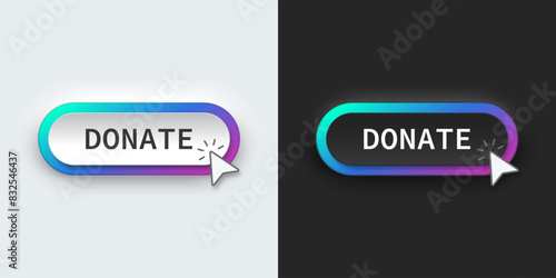 3D Donate button. Click the button donate for donation and charity.  Neumorphic, Neumorphism style. Black and white, vector illustration.