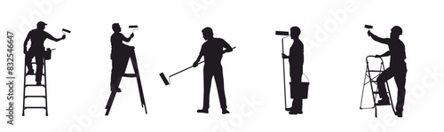 House painter silhouette collection.  Group of maintenance paint worker in different pose.  