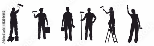 House painter silhouette collection.  Group of maintenance paint worker in different pose.  