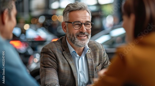 An elderly man in a car dealership is negotiating the purchase and sale of a new vehicle with a customer.