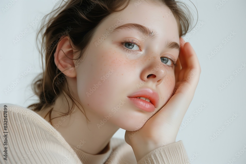 young woman resting her face on her hand, wearing a beige top, white background young woman resting her face on her hand, wearing a beige top, white background