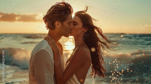 Tender Beach Sunset Kiss: Romantic Couple Embraces by the Sea during Golden Hour, Exuding Love and Affection © Ryzhkov