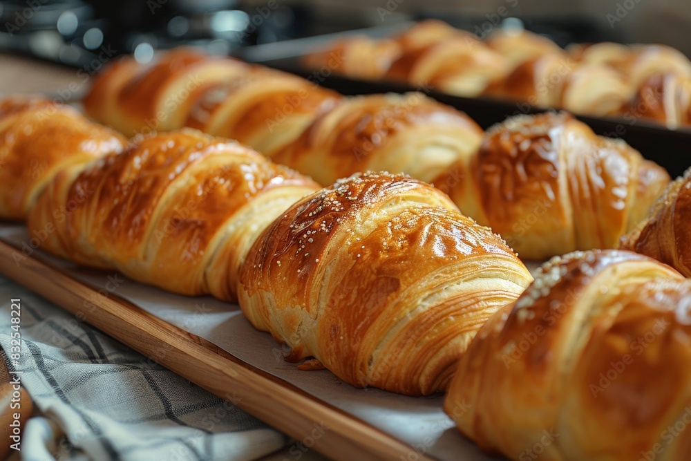 Detailed shot of freshly baked, buttery croissants on a wooden tray, shining in the light