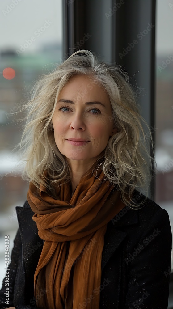 middleaged Swedish woman discussing business innovations with a cityscape in the background middleaged Swedish woman discussing business innovations with a cityscape in the background