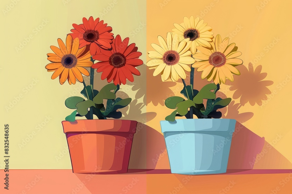 Vibrant red and yellow daisy flowers in pots against a colorful background, perfect for brightening up any space. Vibrant red and yellow daisy flowers in pots against a colorful background, perfect for brightening up any space.