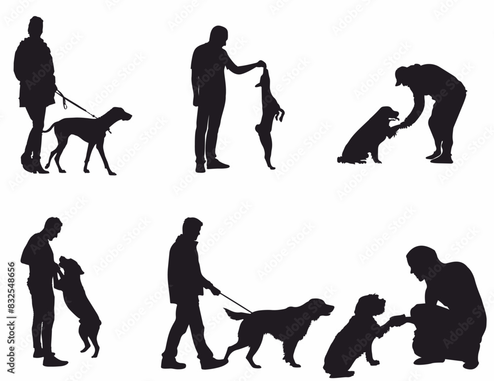 silhouette of people walking with dogs and jogging. silhouette of people walking with dogs and jogging.