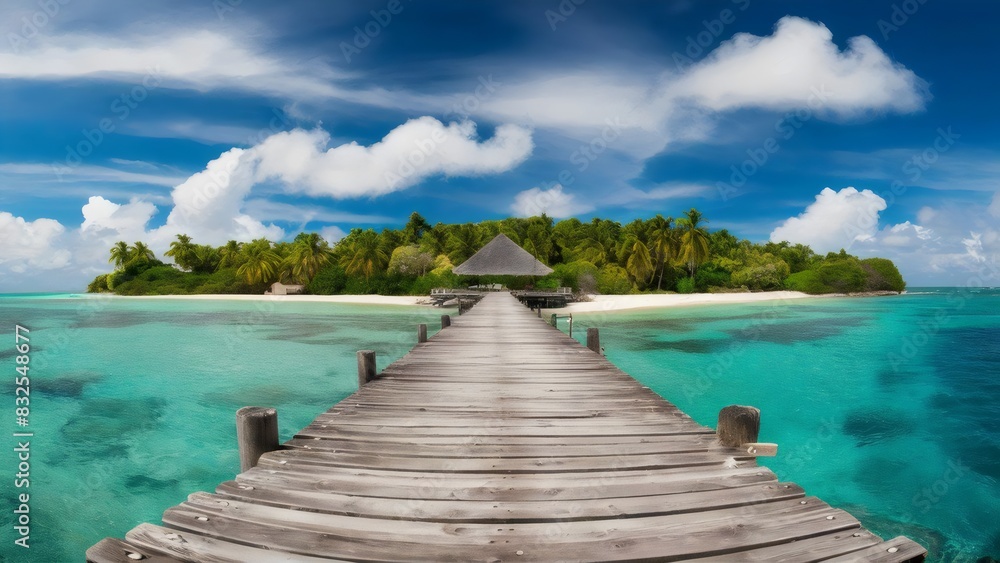Obraz premium Tropical Landscape Background for Summer Travel and Vacation - Panoramic Ocean View with Wooden Pier