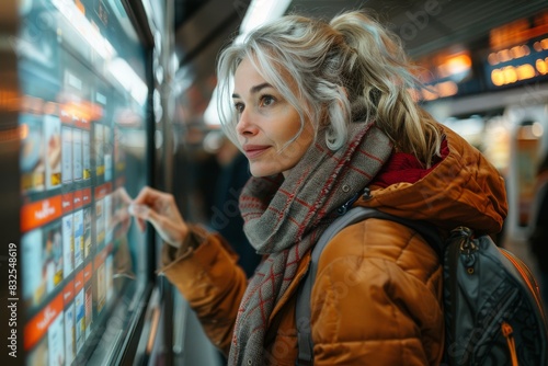 A woman in winter clothing focused on using a ticket vending machine at a train station