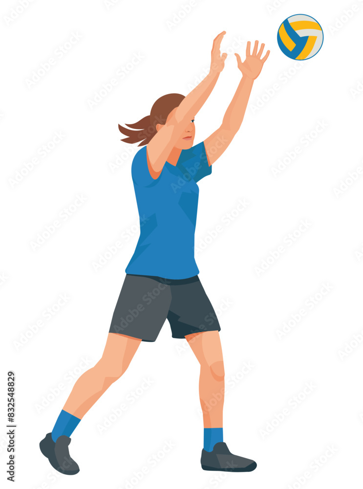 Isolated female figure of a women's volleyball player in blue uniform who throws a ball with her arms raised high Isolated female figure of a women's volleyball player in blue uniform who throws a ball with her arms raised high