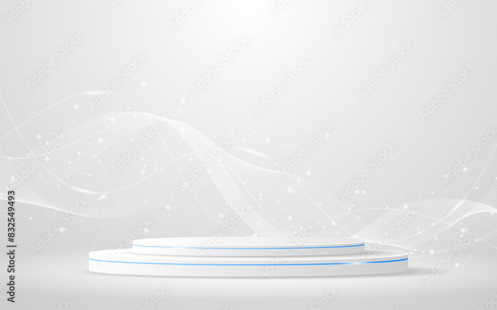 White podium with elegant white wave lines on the back for product presentation. Display of cosmetic products. Stage or podium. vector illustration White podium with elegant white wave lines on the back for product presentation. Display of cosmetic products. Stage or podium. vector illustration