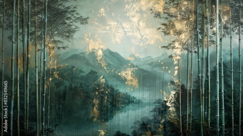 Volumetric Japanese landscape of a bamboo forest with golden elements and flowers.