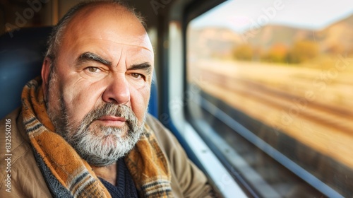 Elderly person looking out through train window, appearing contemplative and pensive © Andrei