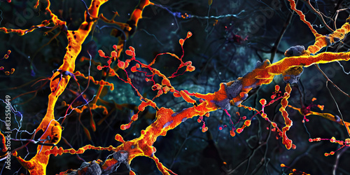 Neurodegenerative disease pathology close up microscopy microscopic image of brain connections stem. photo