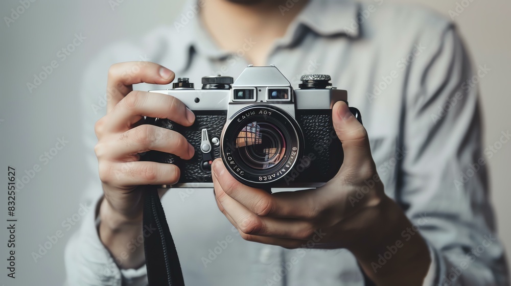 A person holding a vintage camera in their hands. The camera is black and silver, with a brown leather strap.