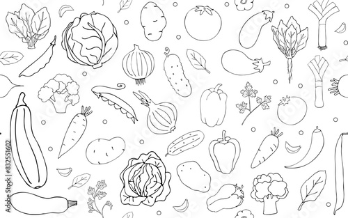 Vegetables contour drawing. Seamless pattern  isolated. Black outline drawing on white. Hand-drawn vegetable background for paper  cover  textile  dishes  interior decor.