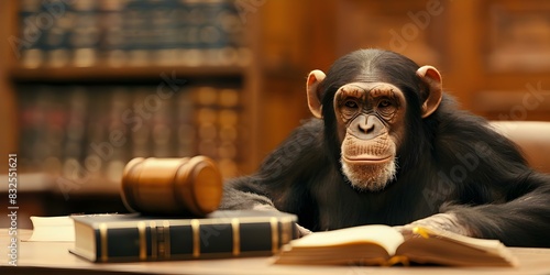 Chimpanzee dressed as judge sitting at desk in court with law books. Concept Animal in Costume, Courtroom Setting, Chimpanzee, Legal-themed Props, Law Books © Ян Заболотний