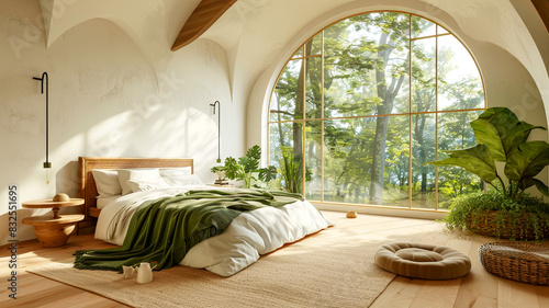 Luxuriöse Schlafzimmer mit einem Bett und grossen Fenster. photo