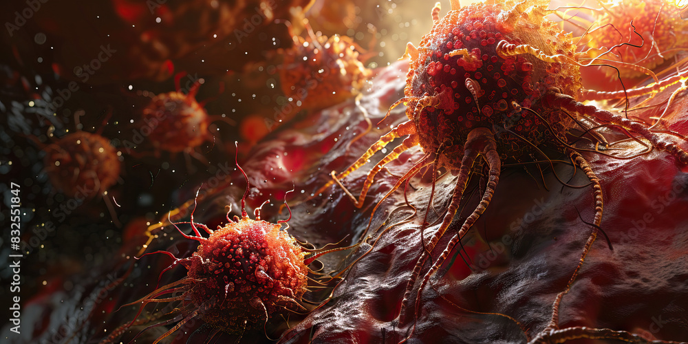 Cancer Cell Proliferation: Microscopic exploration of animal cancer cells undergoing uncontrolled proliferation, illustrating tumor growth and metastasis Cancer Cell Proliferation: Microscopic exploration of animal cancer cells undergoing uncontrolled proliferation, illustrating tumor growth and metastasis